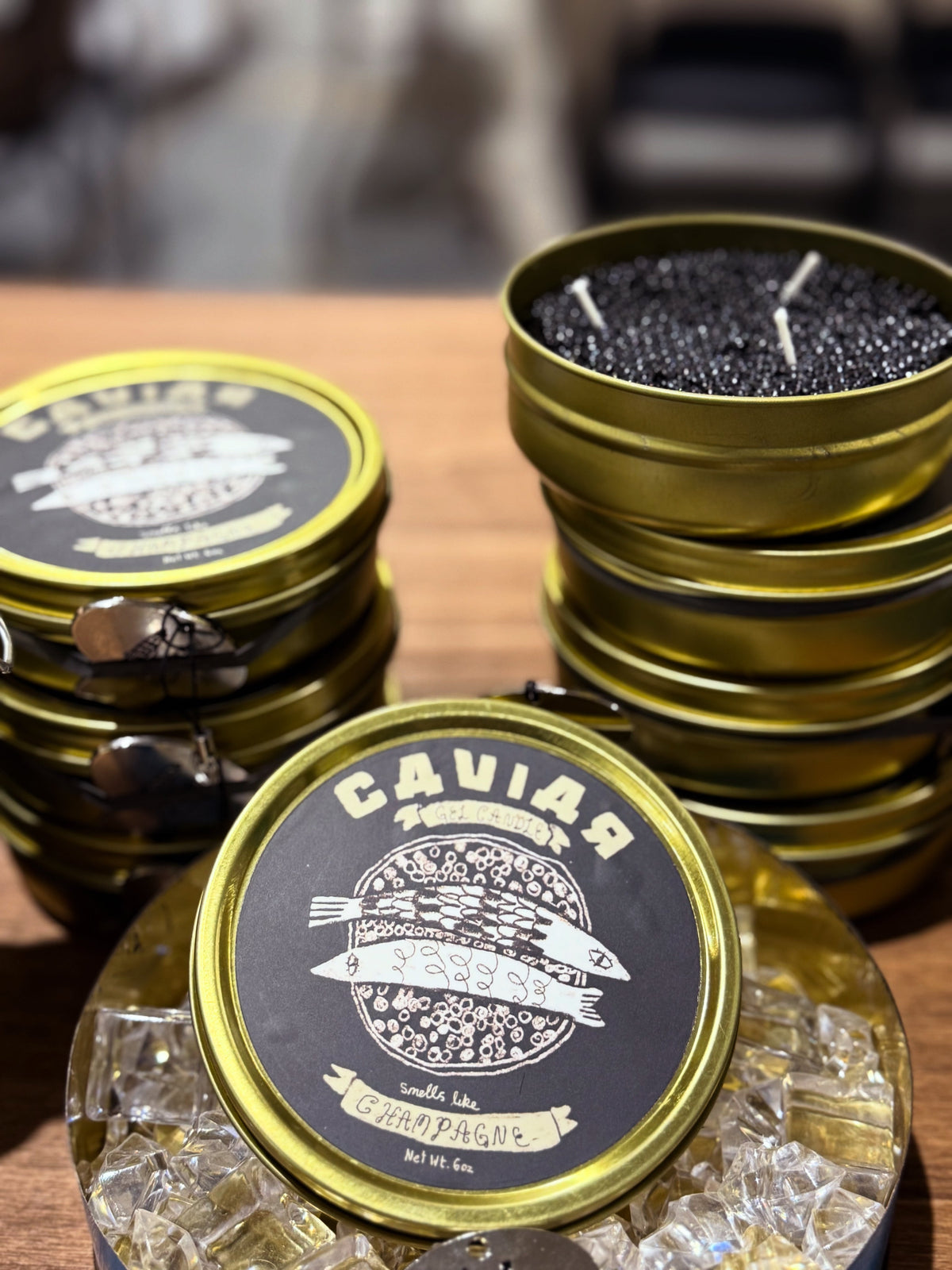Fancy Caviar Candle opened, showing gel wax roe