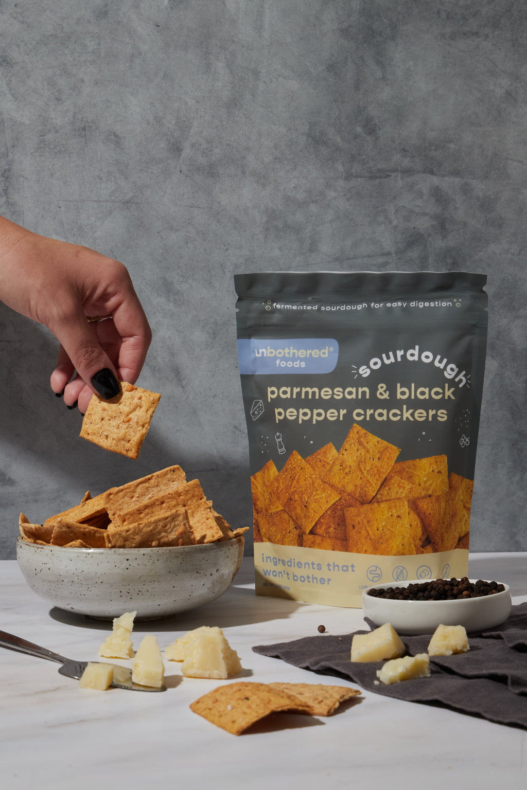 Parmesan & Black Pepper sourdough crackers served