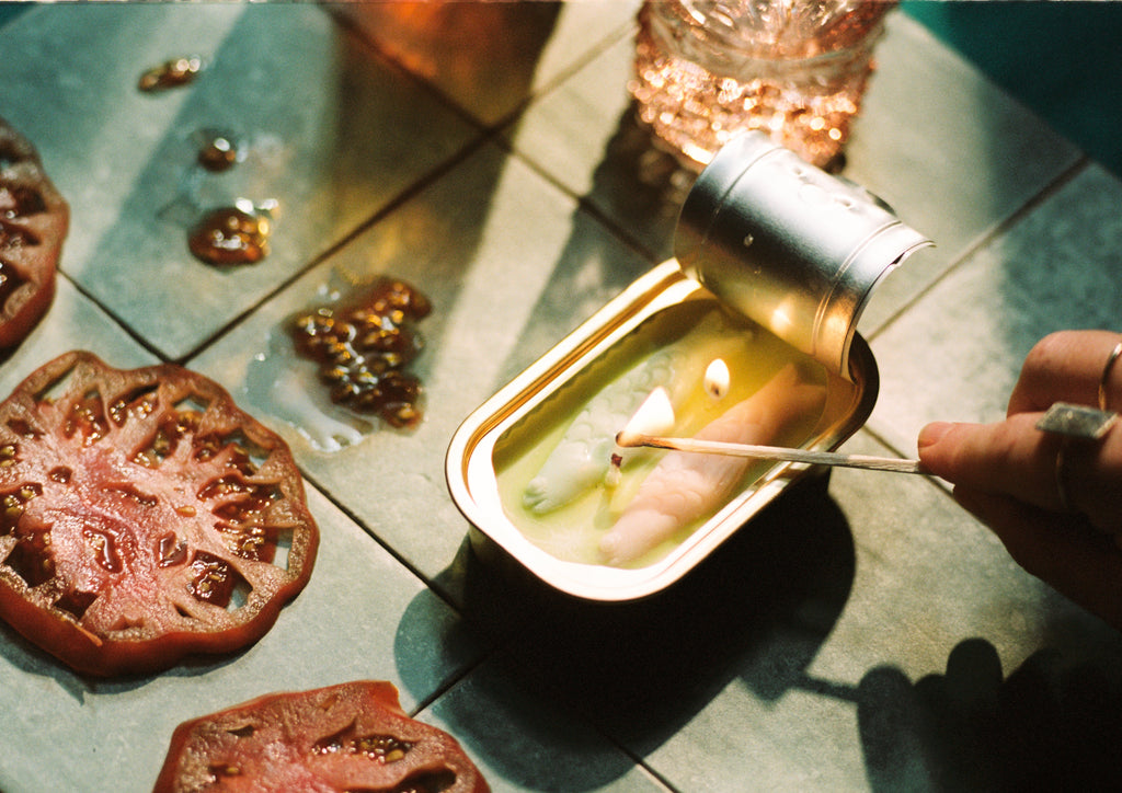 Tinned Fish Candle lit