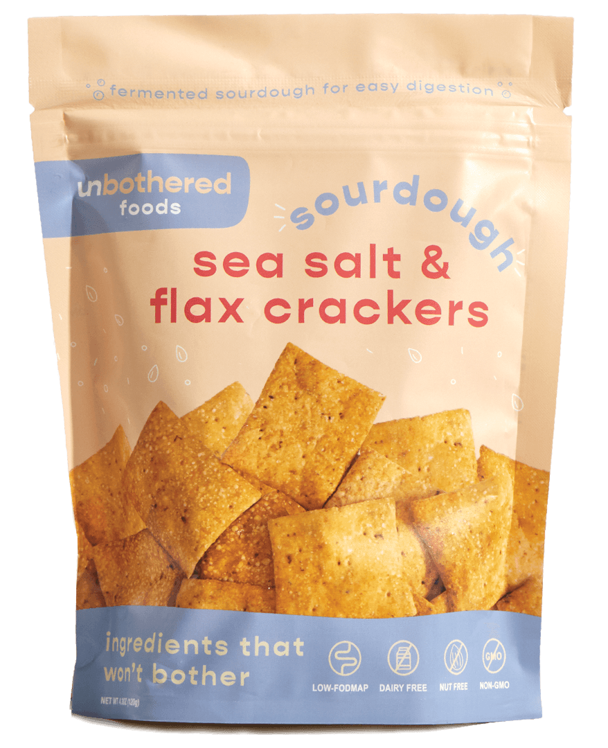 Unbothered Foods Sourdough Sea Salt & Flax Crackers bag, front