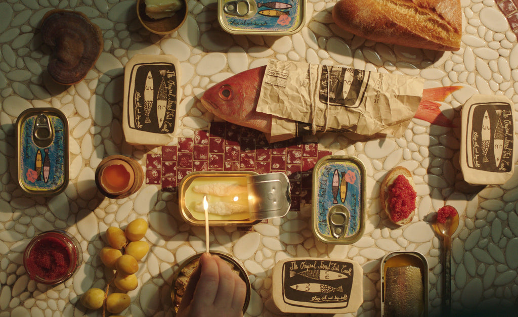 Tinned Fish Candle on a table