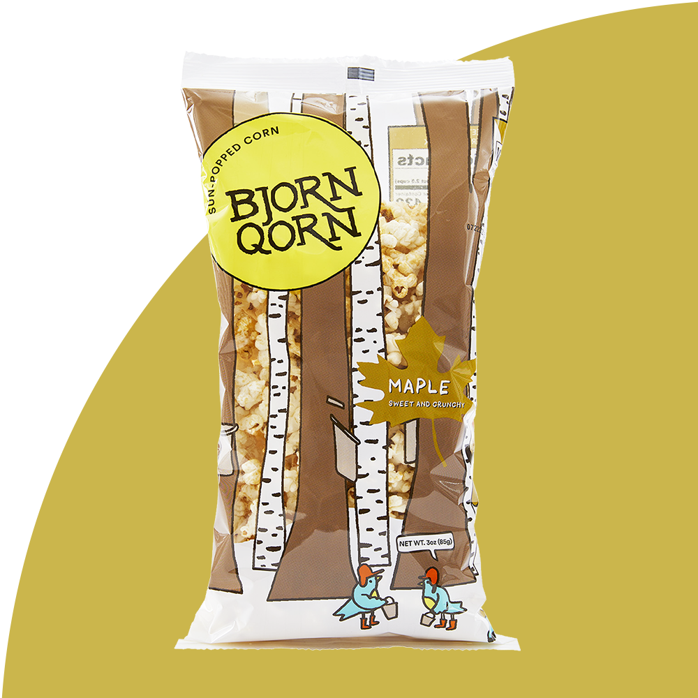 BjornQorn Maple 3 oz bag on a mustard yellow background