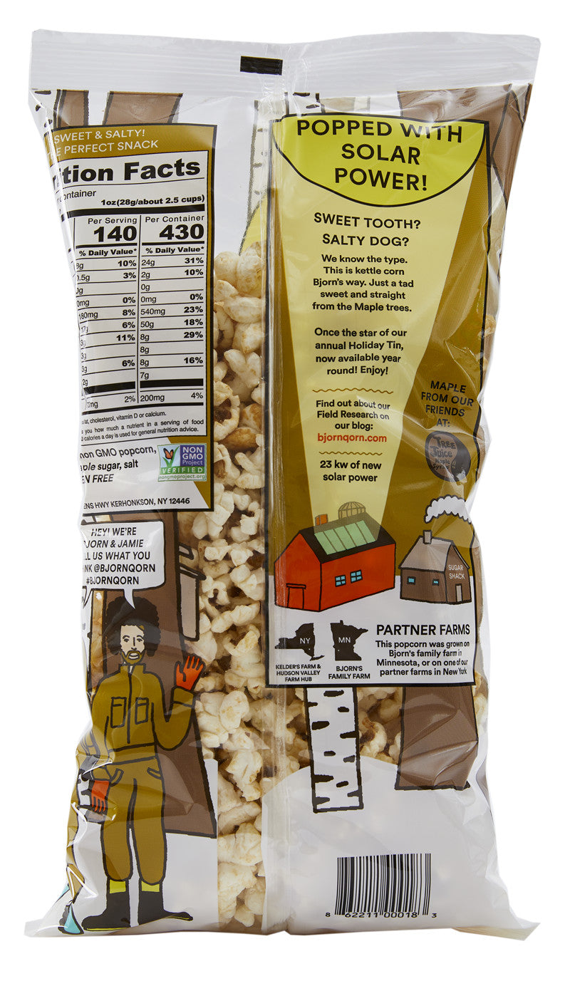 Back of the BjornQorn Maple 3 oz bag showing ingredients