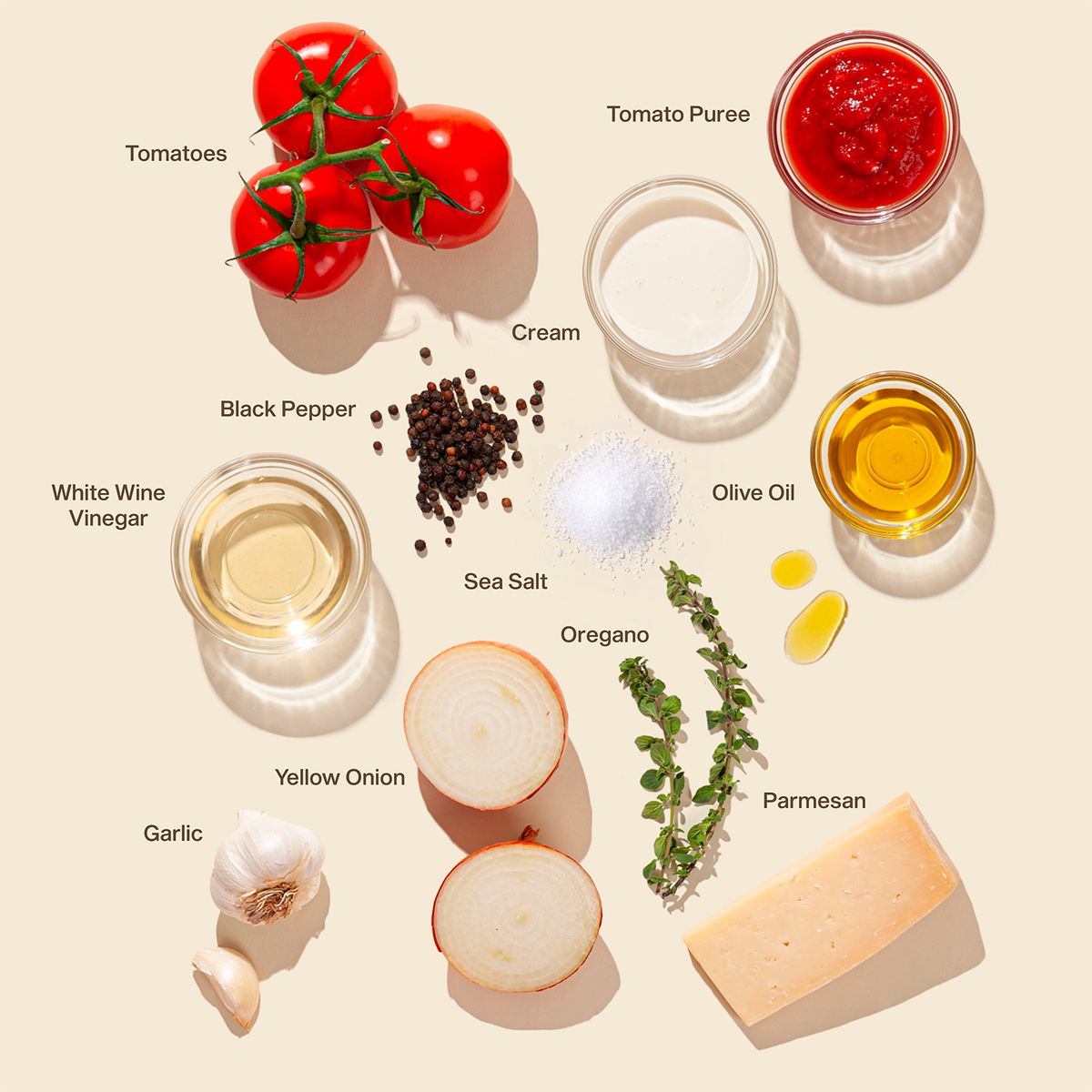 Ingredients used in the sauce, including tomatoes, parmesan, cream and black pepper