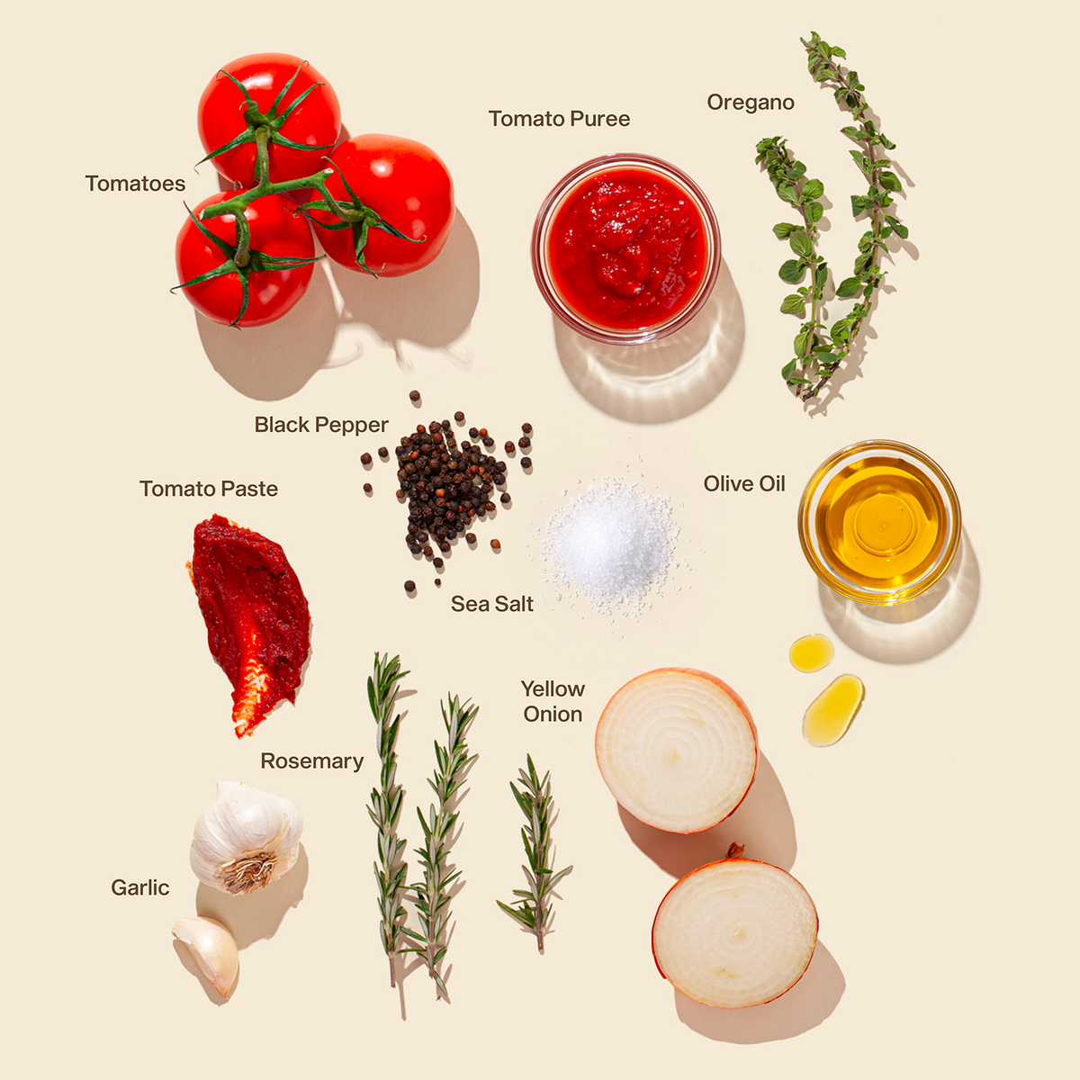 Ingredients used in the marinara, including tomatoes, garlic, onion and rosemary