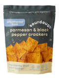 Unbothered Foods Sourdough Parmesan & Black Pepper Crackers bag, front