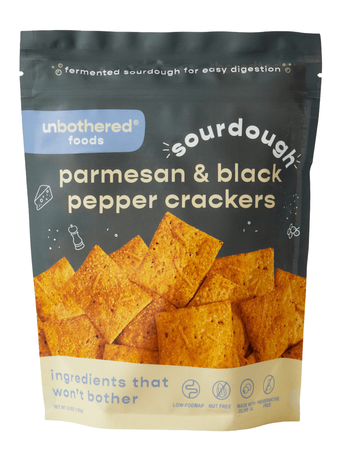 Unbothered Foods Sourdough Parmesan & Black Pepper Crackers bag, front